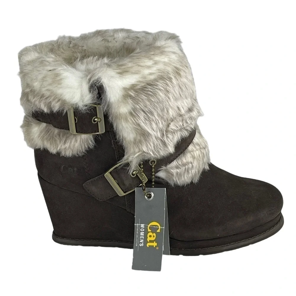 CATERPILLAR CAT BOISTEROUS FAUX FUR CAFE BROWN SUEDE WEDGE WINTER BOOTIES BOOTS